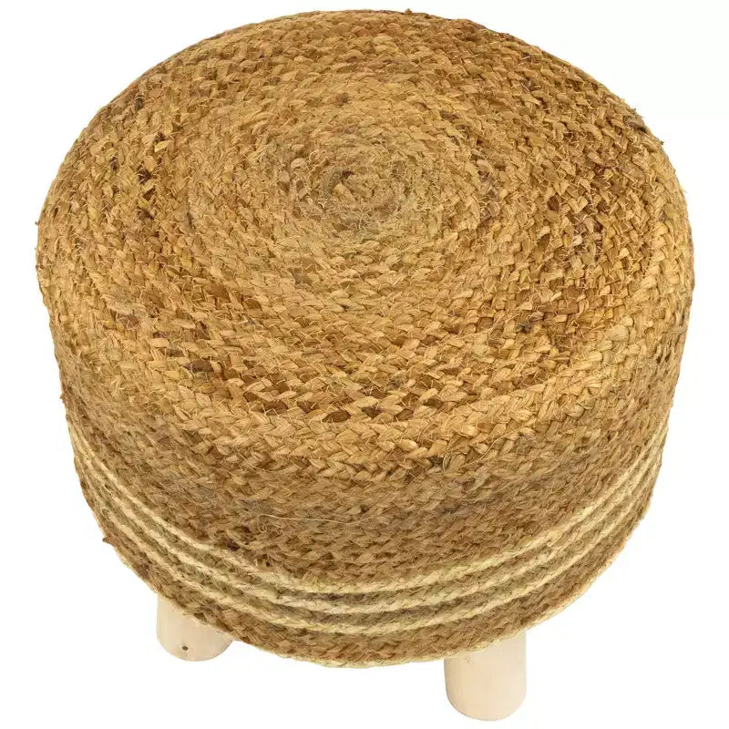 Tabouret de pied à trois pieds fait main en jute tressée beige et bois