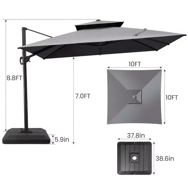 Parasol déporté inclinable 2 étages avec base lestée pour patio, ombre à 360 degrés