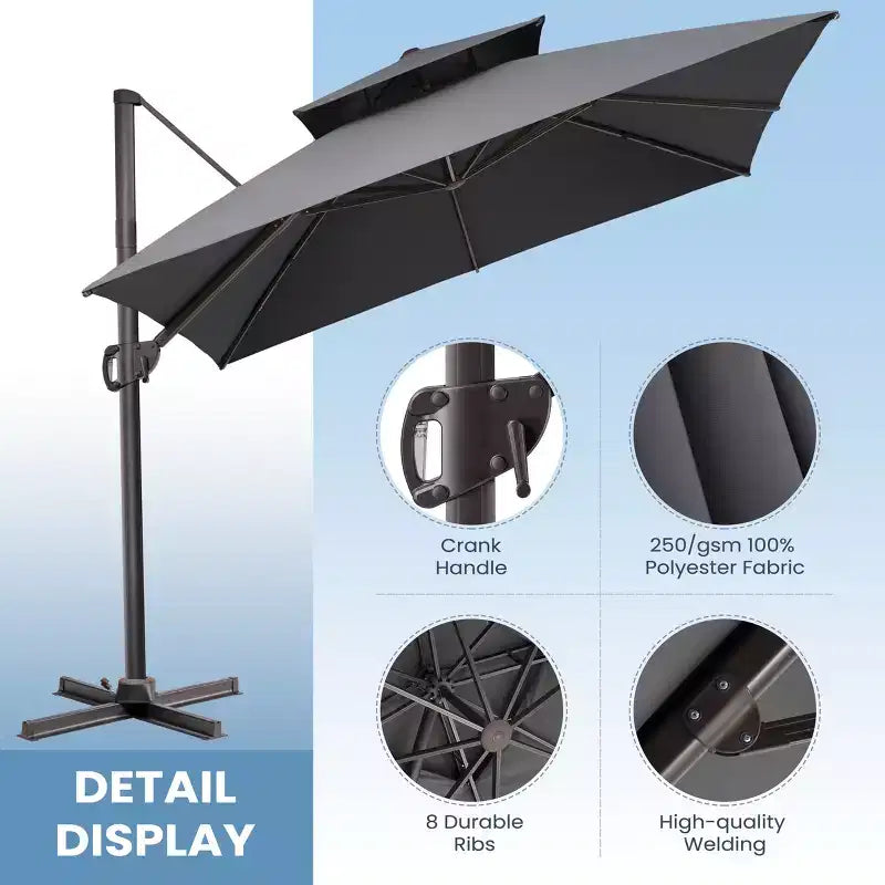 Parasol déporté inclinable 2 étages avec base lestée pour patio, ombre à 360 degrés