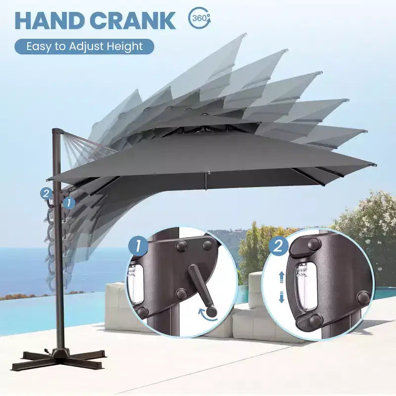 Parasol déporté inclinable 2 étages avec base lestée pour patio, ombre à 360 degrés