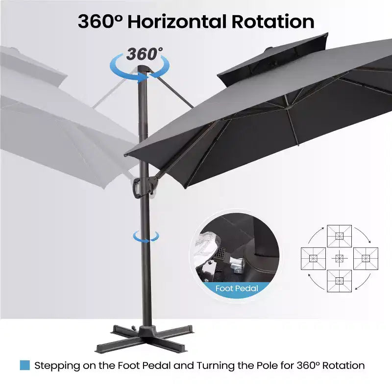 Parasol déporté inclinable 2 étages avec base lestée pour patio, ombre à 360 degrés