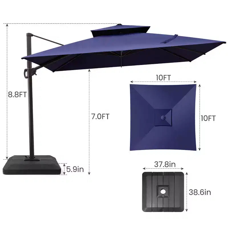 Parasol déporté inclinable 2 étages avec base lestée pour patio, ombre à 360 degrés