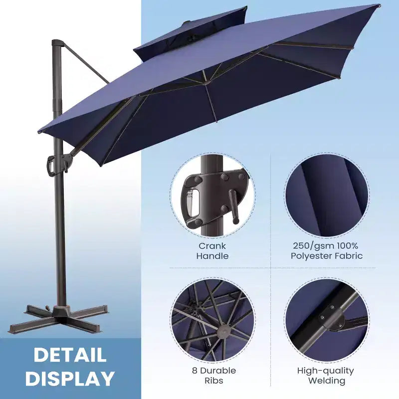 Parasol déporté inclinable 2 étages avec base lestée pour patio, ombre à 360 degrés