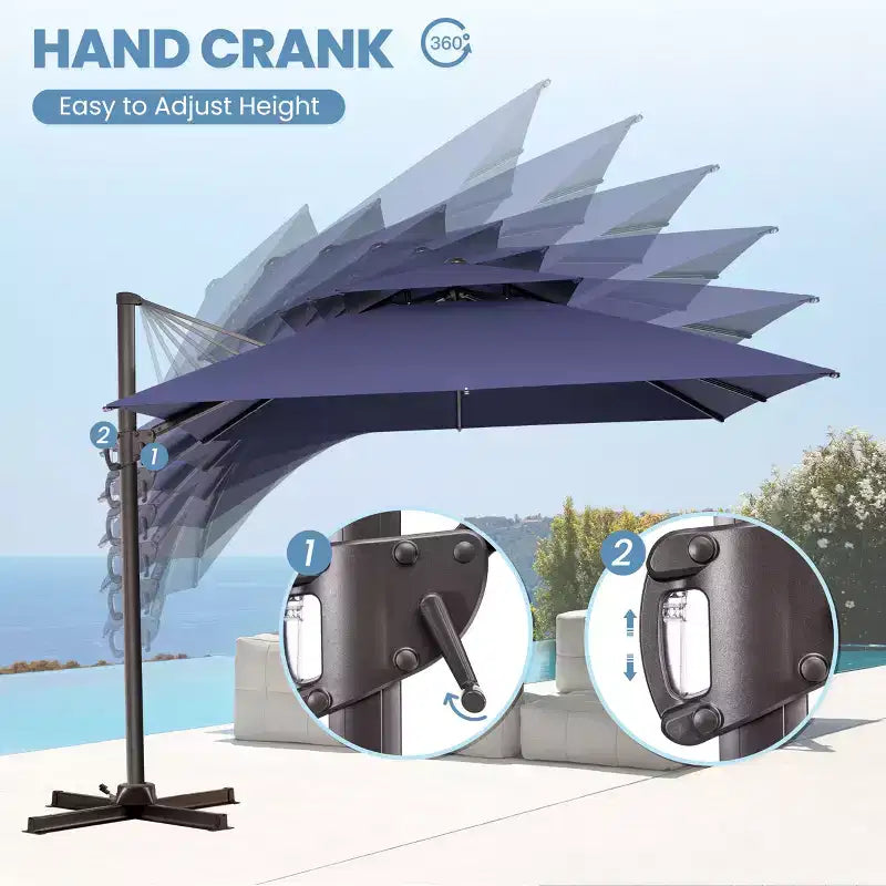 Parasol déporté inclinable 2 étages avec base lestée pour patio, ombre à 360 degrés