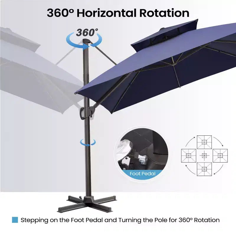 Parasol déporté inclinable 2 étages avec base lestée pour patio, ombre à 360 degrés