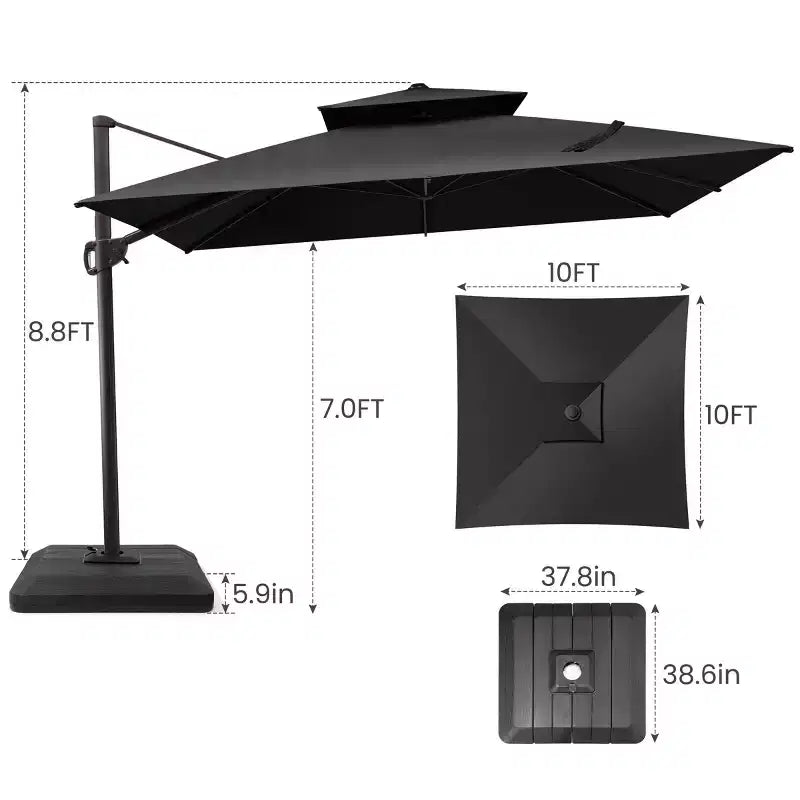 Parasol déporté inclinable 2 étages avec base lestée pour patio, ombre à 360 degrés