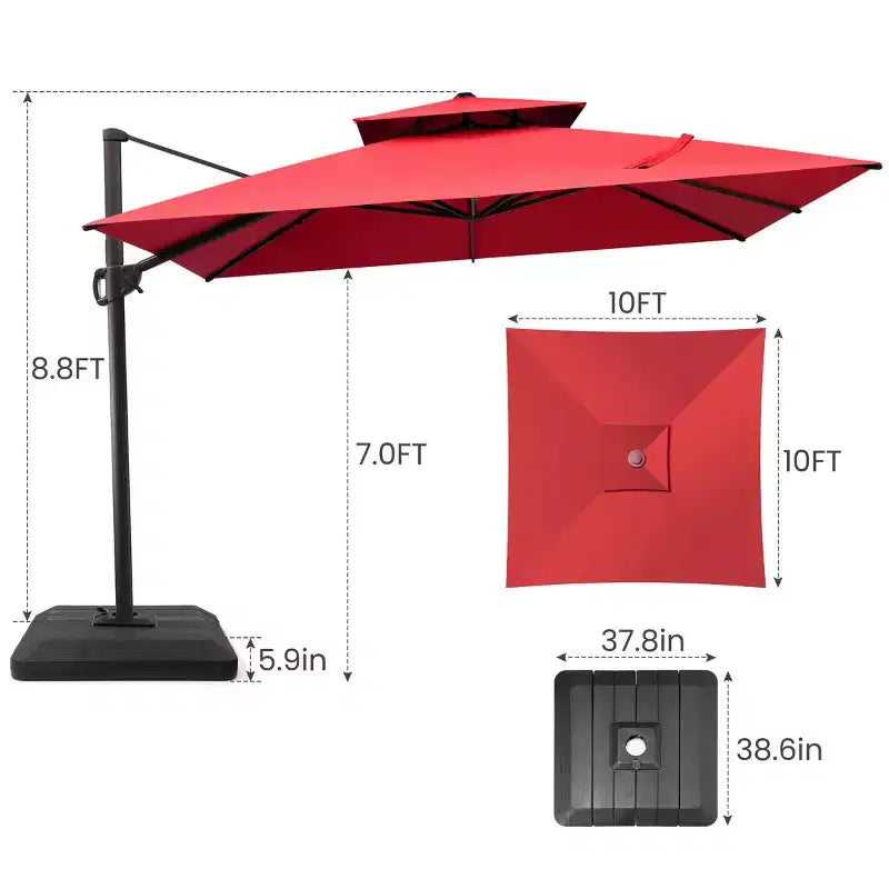 Parasol déporté inclinable 2 étages avec base lestée pour patio, ombre à 360 degrés