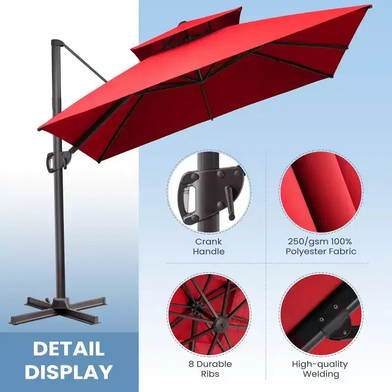 Parasol déporté inclinable 2 étages avec base lestée pour patio, ombre à 360 degrés