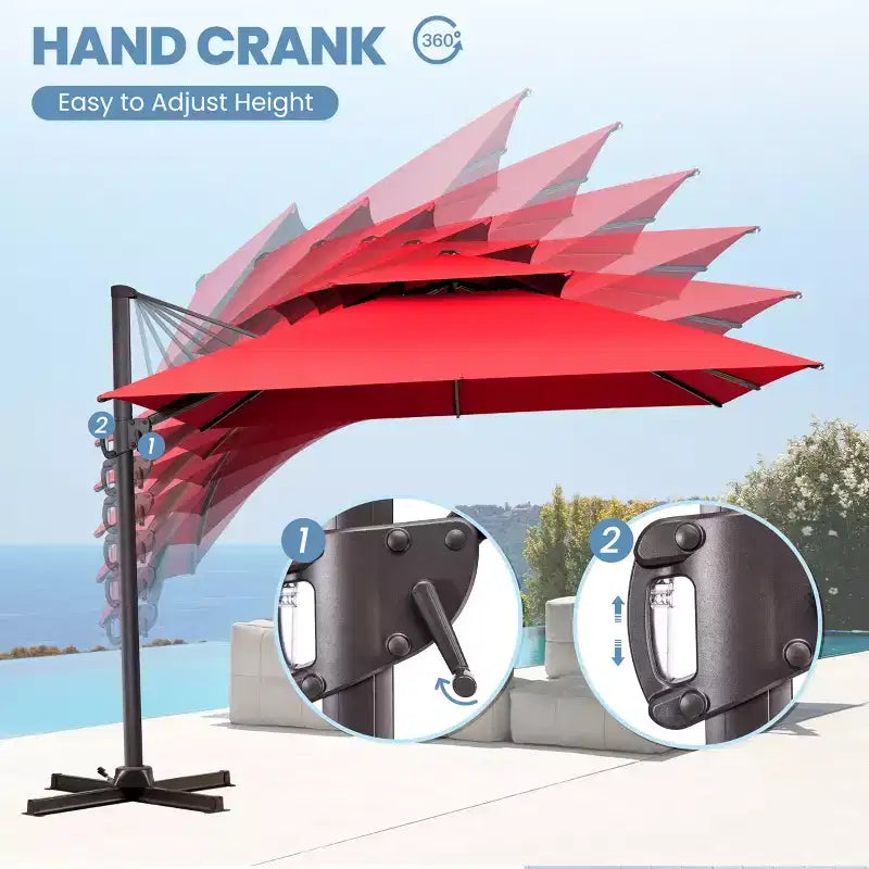 Parasol déporté inclinable 2 étages avec base lestée pour patio, ombre à 360 degrés