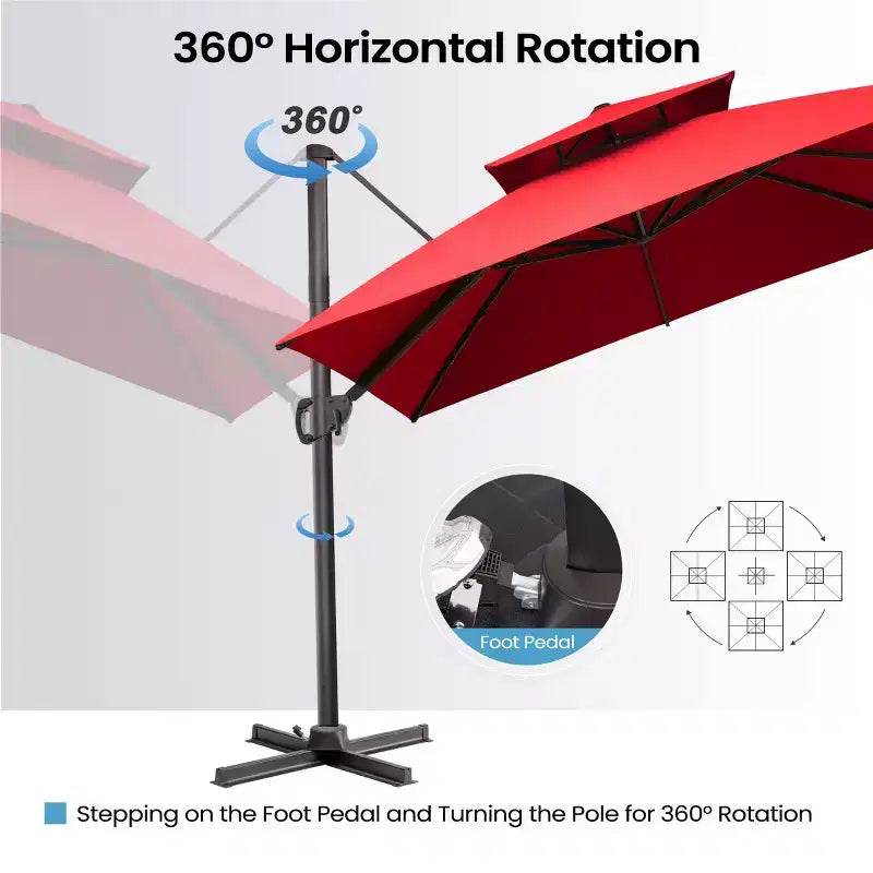 Parasol déporté inclinable 2 étages avec base lestée pour patio, ombre à 360 degrés