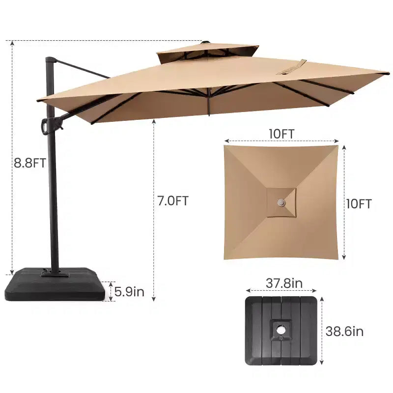 Parasol déporté inclinable 2 étages avec base lestée pour patio, ombre à 360 degrés