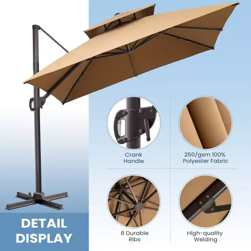 Parasol déporté inclinable 2 étages avec base lestée pour patio, ombre à 360 degrés