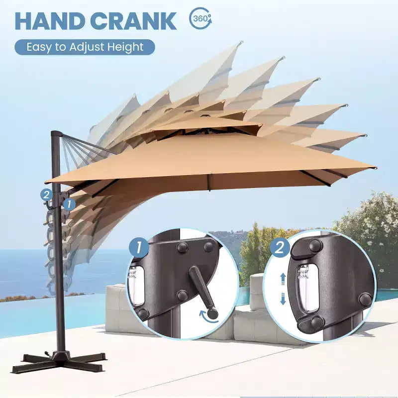 Parasol déporté inclinable 2 étages avec base lestée pour patio, ombre à 360 degrés