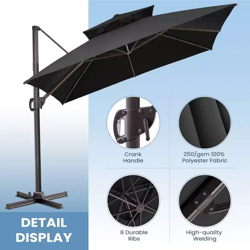 Parasol déporté inclinable 2 étages avec base lestée pour patio, ombre à 360 degrés