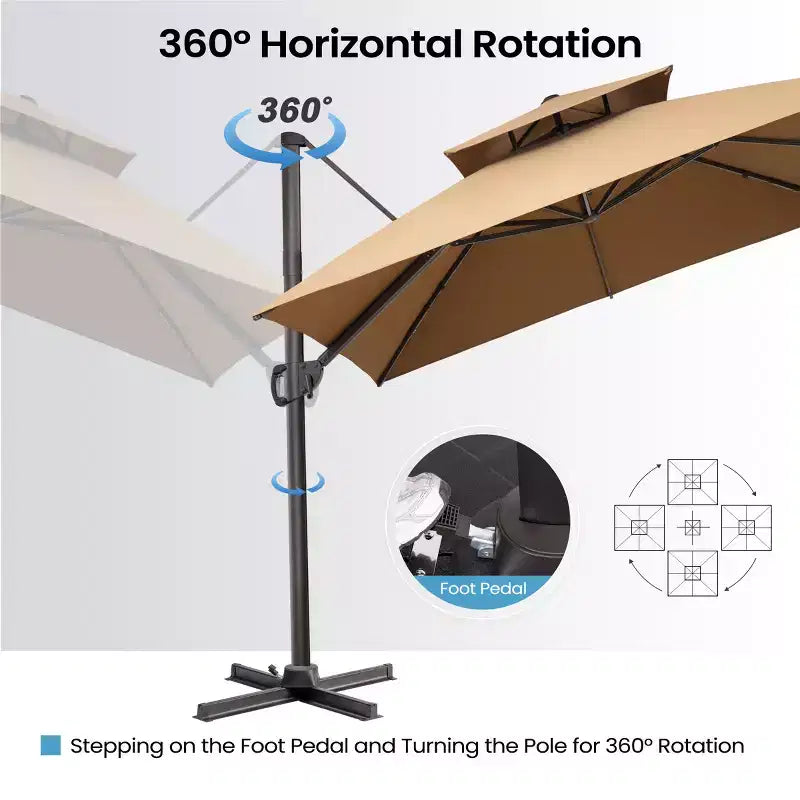 Parasol déporté inclinable 2 étages avec base lestée pour patio, ombre à 360 degrés