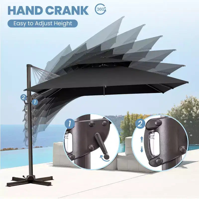 Parasol déporté inclinable 2 étages avec base lestée pour patio, ombre à 360 degrés