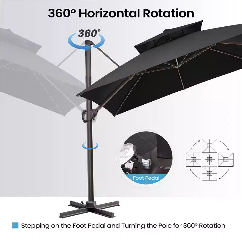 Parasol déporté inclinable 2 étages avec base lestée pour patio, ombre à 360 degrés