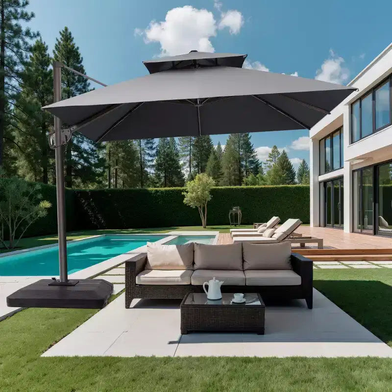 Parasol déporté inclinable 2 étages avec base lestée pour patio, ombre à 360 degrés