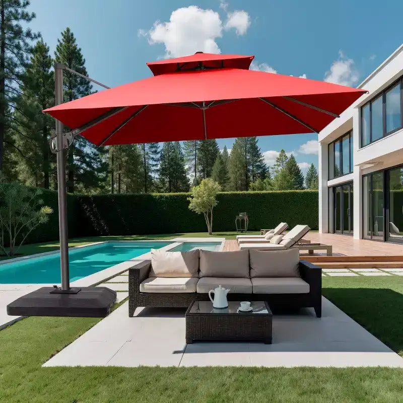 Parasol déporté inclinable 2 étages avec base lestée pour patio, ombre à 360 degrés