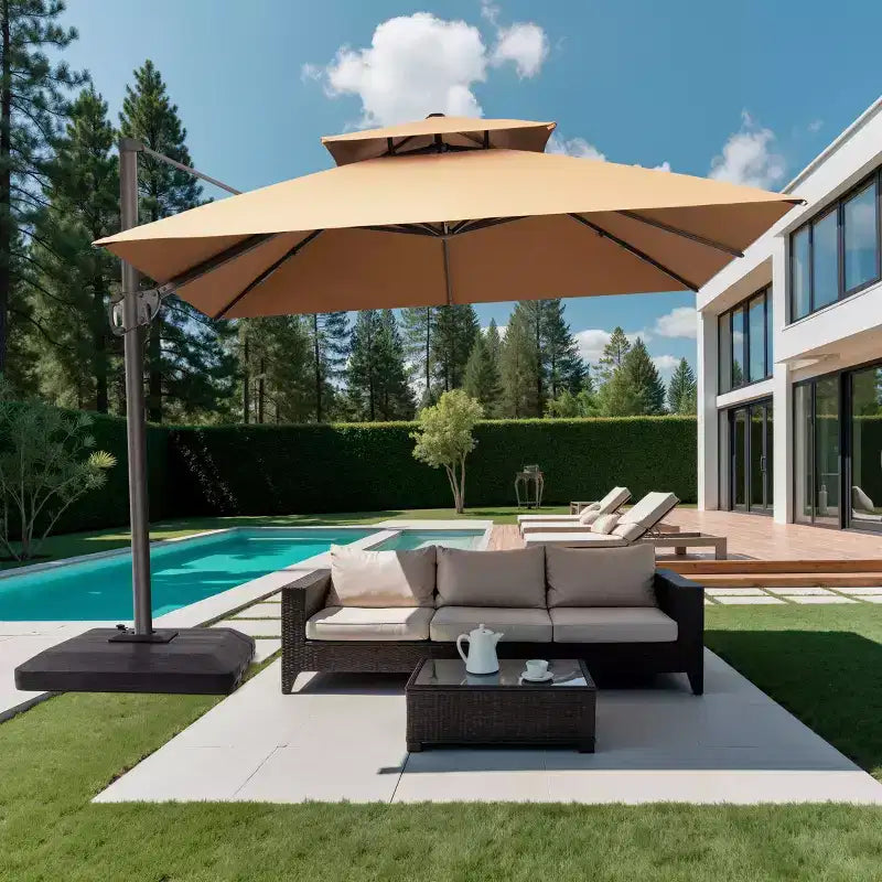 Parasol déporté inclinable 2 étages avec base lestée pour patio, ombre à 360 degrés